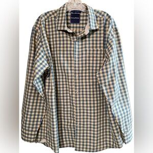 Tommy Bahama Silk Blend Checkered Long Sleeve Plaid Button Front Shirt L
